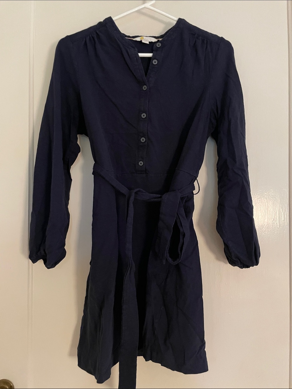 Boden Navy Long-Sleeve Buttoned Tie-Waist Dress